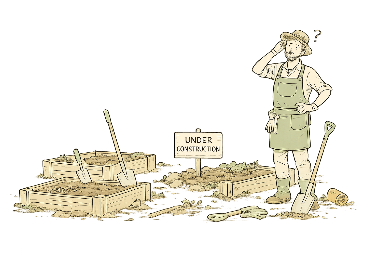 Ein verwirrter Gärtner steht neben chaotischen Hochbeeten mit einem Under Construction Schild